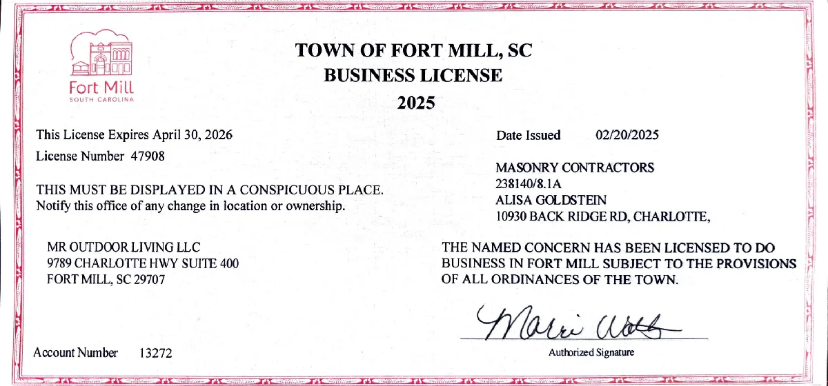 Licenses - Fort Mill License 1 - Mr. Outdoor Living