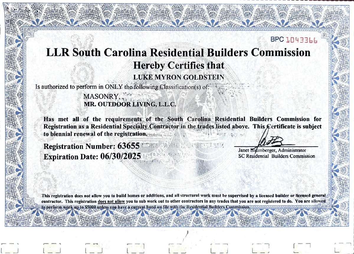 Licenses - Luke LLR 1 - Mr. Outdoor Living