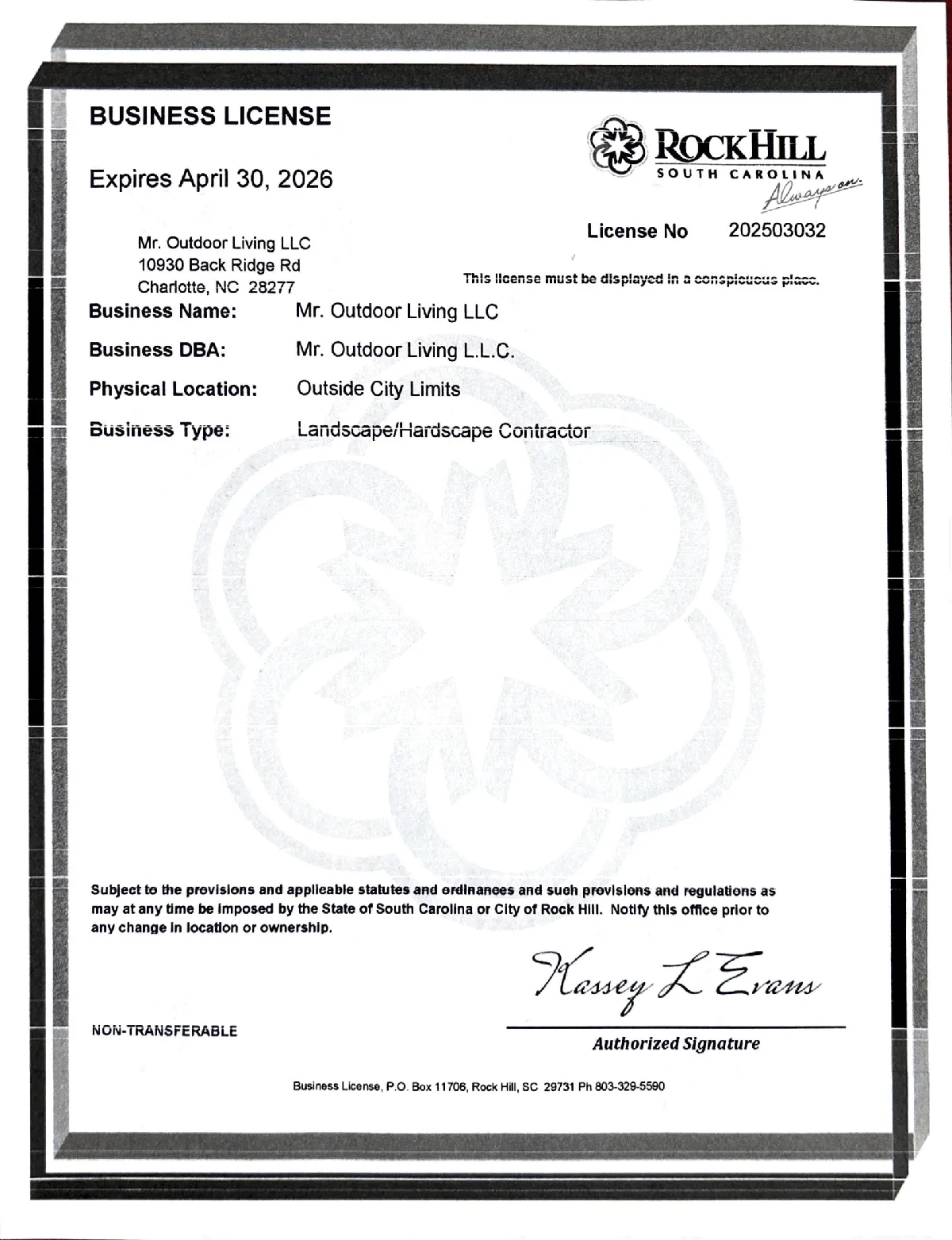 Licenses - Rock Hill License 1 - Mr. Outdoor Living