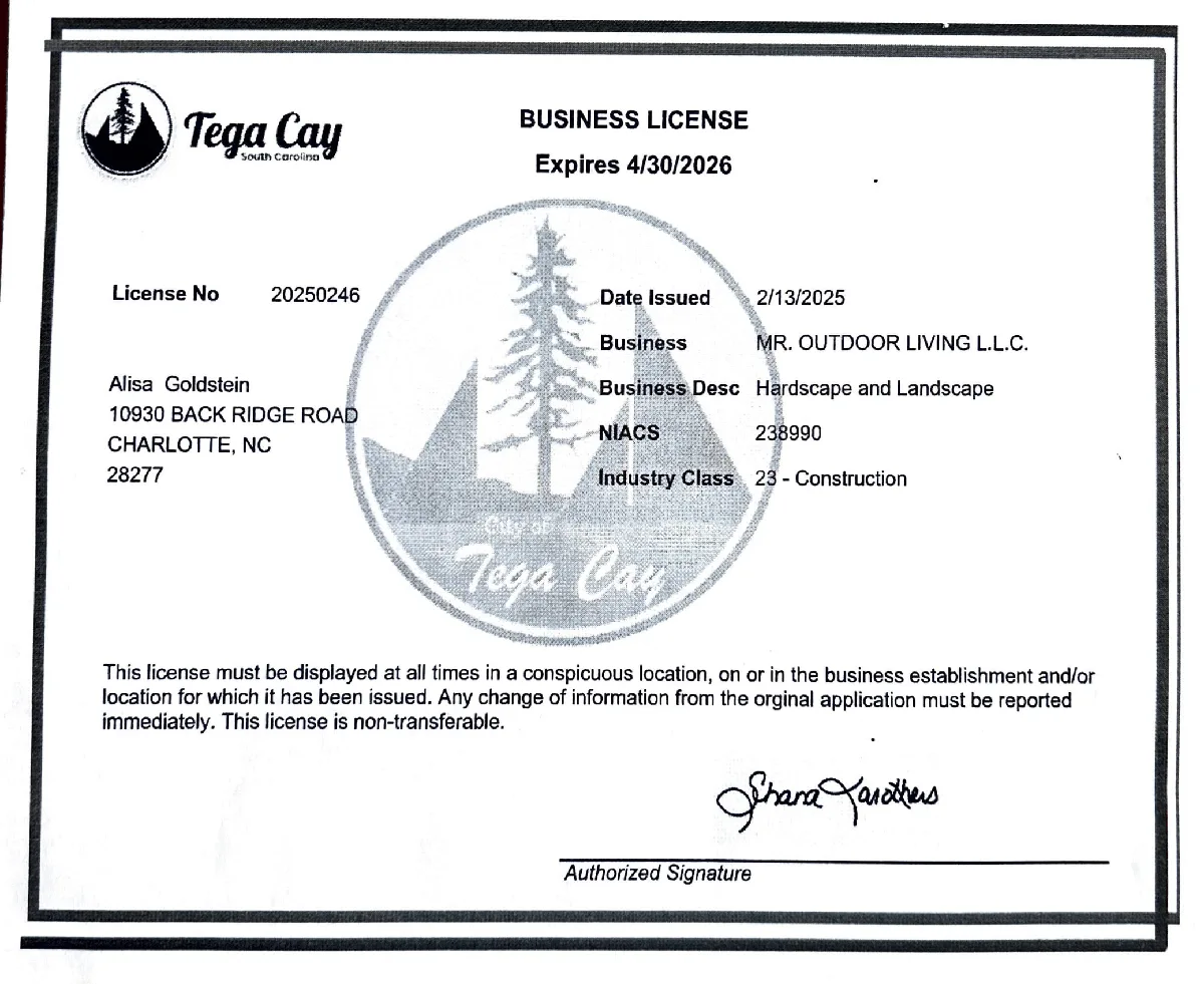 Licenses - Tega Cay License 1 - Mr. Outdoor Living