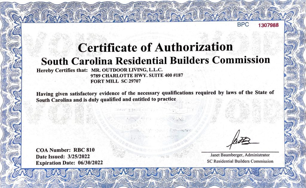 Certificate of Authorization South Carolina Residential Builders Commission 